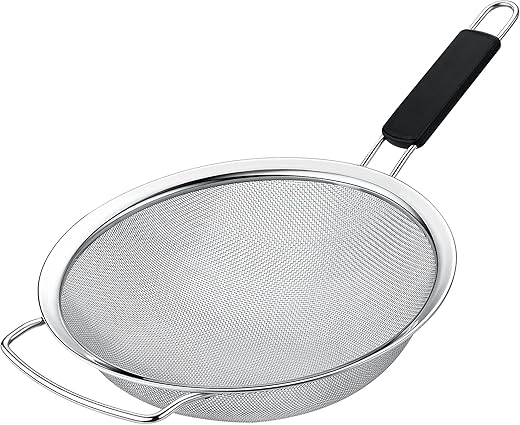 10" Large Fine Mesh Strainer with Thermo Plastic Rubber Handle - Sieve Fine Mesh Stainless Steel - Ideal to Strain Pasta, Quinoa and Rice (10" Black)