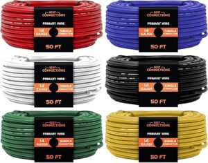 14 Gauge Automotive Primary Wire (50ft Each – 6 Color Bundle Set)– Durable Primary/Remote, Power/Ground Electrical Wiring for Trailer, Speaker, Lighting Circuits– 300ft Total