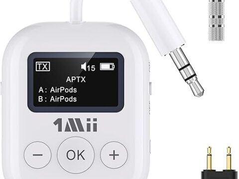 1Mii Bluetooth Transmitter for Airplane,Bluetooth Adapter for TV,Airplane Travel Essentials,5.3 Bluetooth Aptx Low Latency Wireless Audio Aux for Headphones, Any 3.5mm Jack,Linking 2 Devices (White)