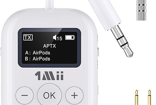 1Mii Bluetooth Transmitter for Airplane,Bluetooth Adapter for TV,Airplane Travel Essentials,5.3 Bluetooth Aptx Low Latency Wireless Audio Aux for Headphones, Any 3.5mm Jack,Linking 2 Devices (White)