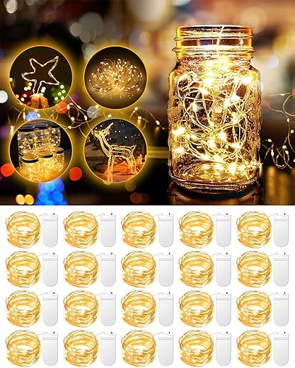 20 Pack Fairy Lights Battery Operated 3.3ft 20 LED Mini String Lights Twinkle Lights Copper Wire Firefly Starry Lights for Mason Jars Wedding Party Christmas Centerpiece Table Decorations, Warm White