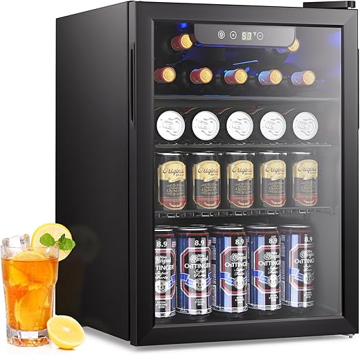 26 Bottle Wine Cooler, 95 Cans Beverage Refrigerator, 2.6 cu.ft Drink Fridge Digital Temperature Control for Beer, Soda,Water, Drink Cooler for Home Office Bar