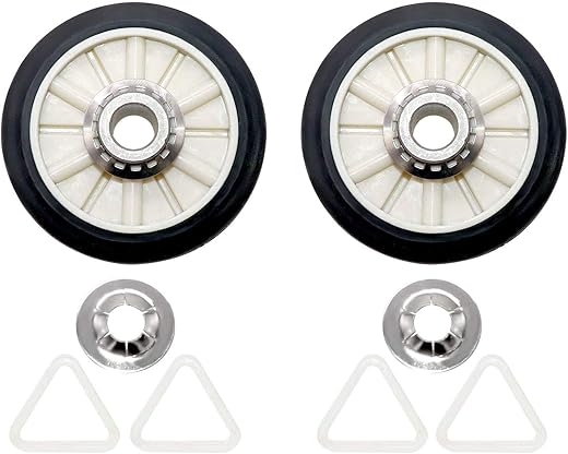 349241T Dryer Rear Drum Support Roller Kit by Beaquicy - Replacement for most 29" wide Ken-more Whirl-pool Estate Roper Dryer - Package Includes drum rollers,tri-rings and retaining washer - Pack of 2