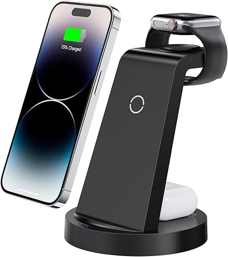 3 in 1 Charging Station for iPhone, Wireless Charger for iPhone 16 15 14 13 12 11 X Pro Max & Apple Watch - Wireless Charging Station for AirPods 4 3 Pro