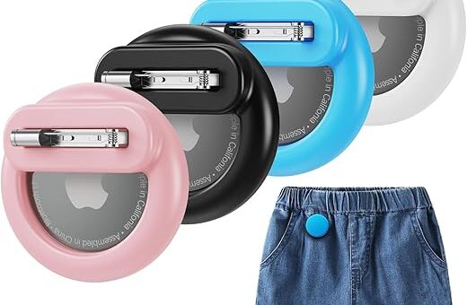 4 Pack Mini AirTag Holder for Kids, Silicone Hidden AirTag Holder with Safety Pin for Clothes, GPS Tracker Case Clip Compatible with Apple Air Tag (Sky Blue, Pink, Black, White)