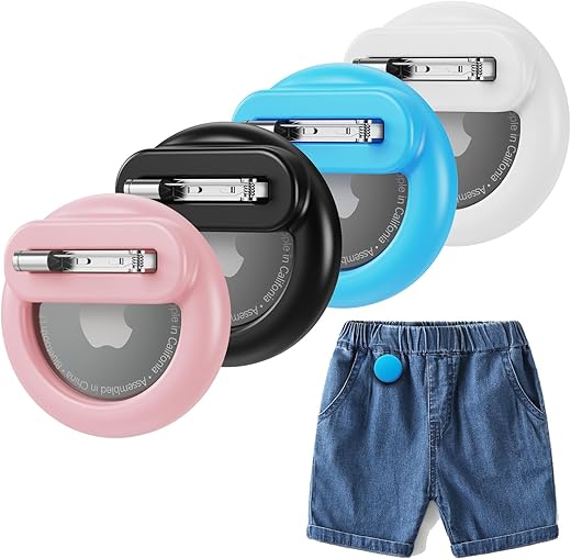 4 Pack Mini AirTag Holder for Kids, Silicone Hidden AirTag Holder with Safety Pin for Clothes, GPS Tracker Case Clip Compatible with Apple Air Tag (Sky Blue, Pink, Black, White)