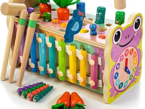 6-IN-1 Wooden Montessori Toys for 1 Year Old, Whack-A-Mole Game | Play the Xylophone | Frog Clock | Carrot Harvest Game | Spinning Gear, Toddler Toys Aged 1-4, Baby Toy Gift for Early Learning