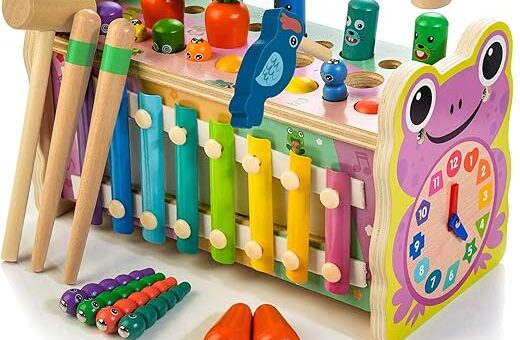 6-IN-1 Wooden Montessori Toys for 1 Year Old, Whack-A-Mole Game | Play the Xylophone | Frog Clock | Carrot Harvest Game | Spinning Gear, Toddler Toys Aged 1-4, Baby Toy Gift for Early Learning