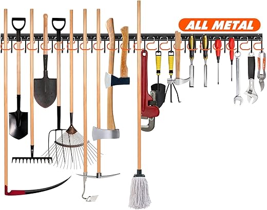 68'' All Metal Garden Tool Organizer Adjustable Garage Tool Organizer Wall Mount Garage Organizers and Storage with Hooks Tool Hangers for Garage