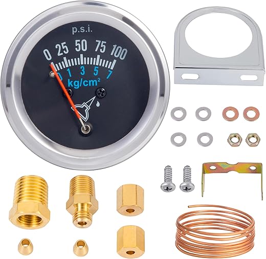 7-153 Oil Pressure Gauge Kit Universal Fit with Copper Tube and Threaded Parts, Chrome,Black