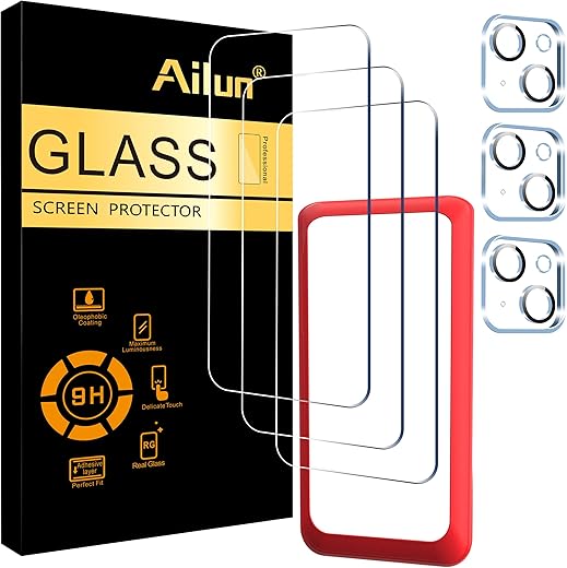 Ailun 3 Pack Screen Protector for iPhone 15 [6.1 inch] + 3 Pack Camera Lens Protector with Installation Frame,Case Friendly Tempered Glass Film,[9H Hardness] - HD [6 Pack]