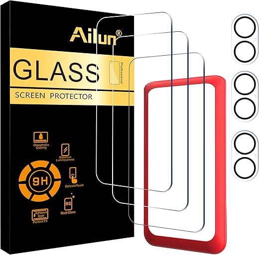 Ailun 3 Pack Screen Protector for iPhone 16 [6.1 inch] + 3 Pack Camera Lens Protector with Installation Frame,Case Friendly Tempered Glass Film,[9H Hardness] - HD [6 Pack]