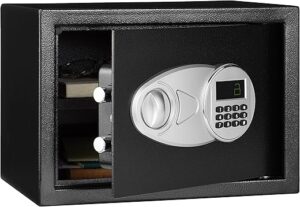 Amazon Basics Steel Security Safe and Lock Box with Electronic Keypad - Secure Cash, Jewelry, ID Documents, 0.5 Cubic Feet, Black, 13.8" W x 9.8" D x 9.8" H