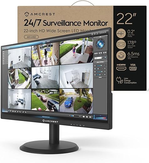 Amcrest 24/7 Surveillance Video Monitor Screen, 22 inch PC Computer NVR/DVR Monitor, 1080p FHD 60Hz with HDMI VGA, Micro Bezel Design, W-LED for Home Office, Monitor, Built-in Dual Speakers, AM-LM22