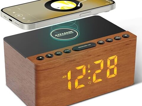 ANJANK Wooden Bluetooth Speaker Alarm Clock with Fm Radio, Wireless Charging Station for iPhone/Samsung, USB Charger Port, Dimmable Display, Sleep Timer, Digital Wood Clock for Bedroom, Bedside