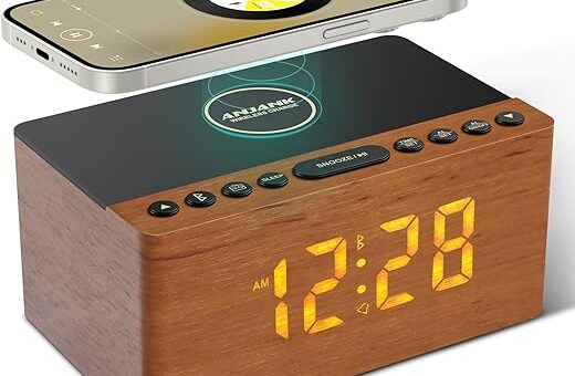 ANJANK Wooden Bluetooth Speaker Alarm Clock with Fm Radio, Wireless Charging Station for iPhone/Samsung, USB Charger Port, Dimmable Display, Sleep Timer, Digital Wood Clock for Bedroom, Bedside