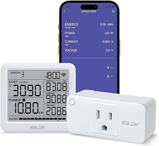 BALDR Wi-Fi Power Consumption Meter w/Smart Socket - Remote Power Monitoring, Power Meter w/Tariffs & Budget Alerts, Multi Meter Home Energy Monitor, Electricity Usage Monitor - 2.4GHZ Network Only