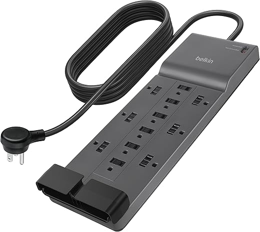 Belkin 12-Outlet Surge Protector Power Strip w/ 12 AC Outlets & 8ft Flat Plug, UL-listed Heavy-Duty Extension Cord for Home, Office, Travel, Computer, Laptop, Charger - 3,940 Joules of Protection