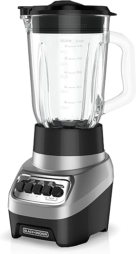 BLACK+DECKER PowerCrush Countertop Blender, 6-Cup Glass Jar, For Smoothies and More, Stainless Steel Blade, 4 Speed Settings to Puree, Crush Ice, Chop, Dice, and Pulse, Dishwasher Safe, 700W Motor