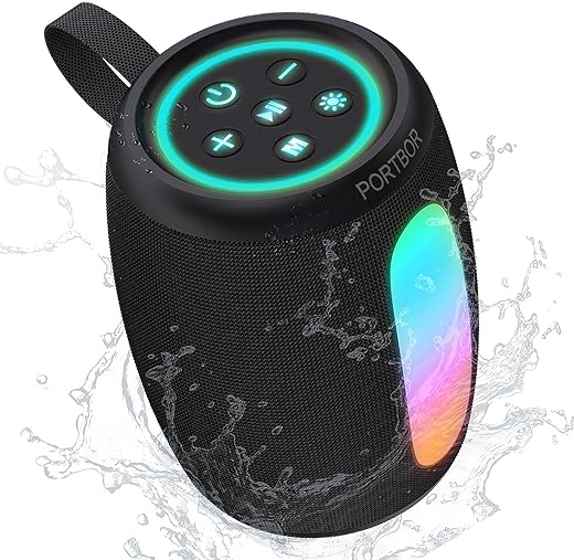 Bluetooth Speaker Portable Wireless,Powerful Sound with Lights/FM Radio, IPX5 Waterproof,TWS Pairing,for Outdoor Camping Beach Home,Him Her Ideal Gift