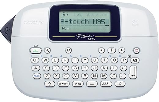 Brother P-Touch, PTM95, Handy Label Maker, 9 Type Styles, 8 Deco Mode Patterns, Navy Blue, Blue Gray