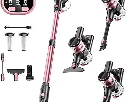 Cordless Vacuum Cleaner, 8 in 1 Powerful Suction Lightweight Vacuum Cleaner for Home, LED Display, 3 Suction Modes, 45Mins Detachable Battery Vacuum for Hard Floor Carpet Pet Hair, Pink