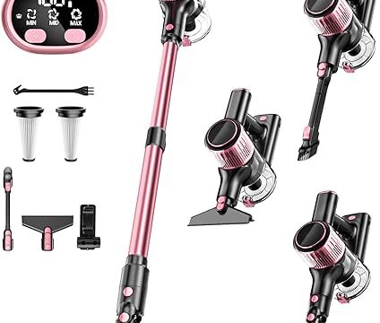 Cordless Vacuum Cleaner, 8 in 1 Powerful Suction Lightweight Vacuum Cleaner for Home, LED Display, 3 Suction Modes, 45Mins Detachable Battery Vacuum for Hard Floor Carpet Pet Hair, Pink