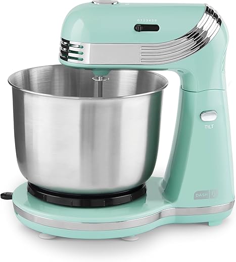 Dash Stand Mixer (Electric Mixer for Everyday Use): 6 Speed Stand Mixer with 3 Quart Stainless Steel Mixing Bowl, Dough Hooks & Mixer Beaters for Dressings, Frosting, Meringues & More - Aqua