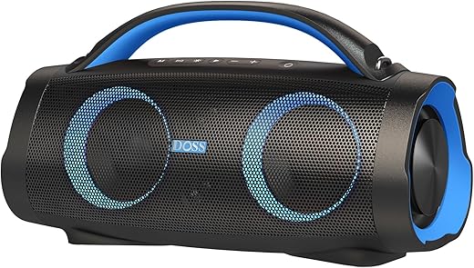 DOSS Extreme Boom Pro Loud Bluetooth Speaker with 100W Stereo Sound, Extra Bass, 20H Playtime, Party-Sync Led Lights, Built-in Power Bank, IPX6 Waterproof Outdoor Speaker for Camping, Travel-Blue