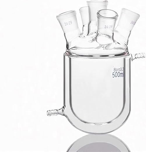 Double-Deck Cylindrical Five-Necked Round Bottom Flask,Capacity 500ml,Joint 24/29,Mezzanine Jacketed Reactor Bottle Lab Glassware Chemistry Laboratory Education Office Supplies