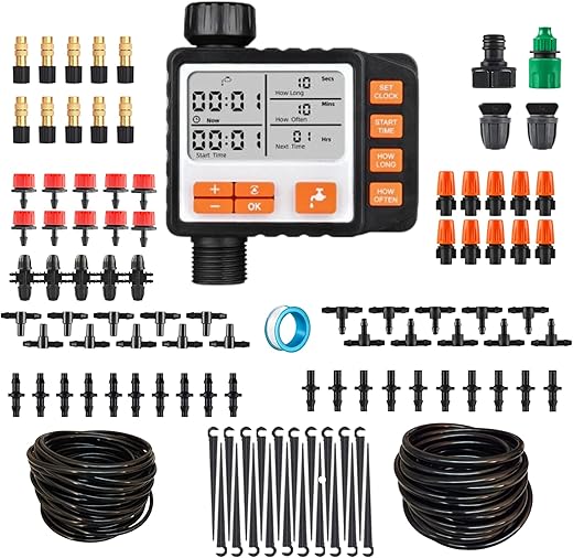 Drip Irrigation System Kit with Timer, Metal Mist, Plastic Mist Nozzle, Red Dripper, 1/4 (65.6 feet) and 5/16 Tube (32.8 feet),Automatic Watering System, Garden Watering System with Timer, Greenhouse