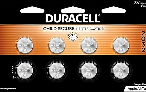 Duracell 2032 Lithium Battery. 8 Count Pack. Child Safety Features. Compatible with Apple AirTag, Key Fob, and other devices. CR2032 Battery Lithium Coin Battery. CR Lithium 3V Cell