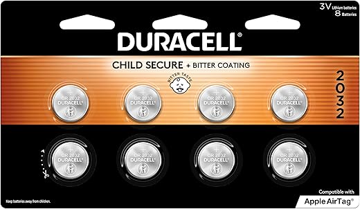 Duracell 2032 Lithium Battery. 8 Count Pack. Child Safety Features. Compatible with Apple AirTag, Key Fob, and other devices. CR2032 Battery Lithium Coin Battery. CR Lithium 3V Cell