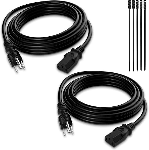 Elecan 3-Prong Replacement Power Cord 10 Ft/2 Pack, Heatproof Flexible Durable AC Device Power Cable for Appliance, Computer, TV, Monitor, Printer, ETL Listed 18AWG 125V 10A, with Ties