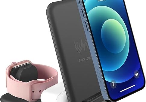 elec Space Wireless Charger, 3 in 1 Qi-Certified Folding Fast Wireless Charging Station for iPhone 14/13/12/11/X/XR/Xs Max, Apple Watch Series and Airpods, Compatible with Samsung S22/S21