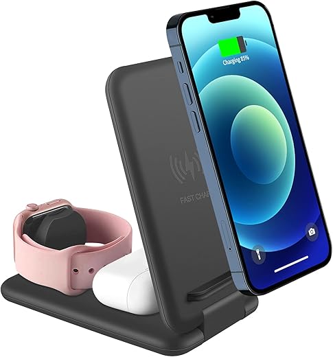 elec Space Wireless Charger, 3 in 1 Qi-Certified Folding Fast Wireless Charging Station for iPhone 14/13/12/11/X/XR/Xs Max, Apple Watch Series and Airpods, Compatible with Samsung S22/S21