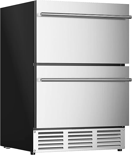 EUHOMY 24 Inch Under Counter Double Drawer Fridge, Weather Proof Stainless Steel Outdoor Beverage Refrigerator for Patio, Built-in Beverage Fridge for Home & Commercial Use Stainless Steel Silver