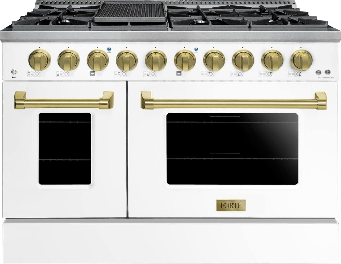 Forte FGR488BWW 48-Inch Freestanding All Gas Range with Natural Gas in White with Brass Trim