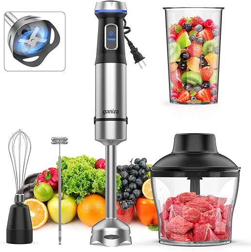 Ganiza Immersion Blender 5 in 1 Hand Blender Max 1000W Heavy Duty Motor, 16 Speed Mode Handheld Blender Stainless Steel Blade With 800ml Mixing Beaker, 600ml Chopper, Whisk and Milk Frother