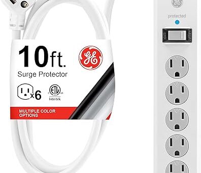 GE 6-Outlet Surge Protector, 10 Ft Extension Cord, Power Strip, 800 Joules, Flat Plug, Twist-to-Close Safety Covers, UL Listed, White, 14092