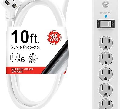 GE 6-Outlet Surge Protector, 10 Ft Extension Cord, Power Strip, 800 Joules, Flat Plug, Twist-to-Close Safety Covers, UL Listed, White, 14092