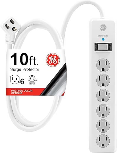 GE 6-Outlet Surge Protector, 10 Ft Extension Cord, Power Strip, 800 Joules, Flat Plug, Twist-to-Close Safety Covers, UL Listed, White, 14092