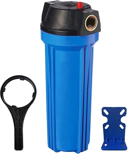 Geekpure 10-Inch Whole House Slim Water Filter Housing for 2.5" x 10" Filter - 3/4"NPT Brass Port - with Air Relief Valve-Blue (1)