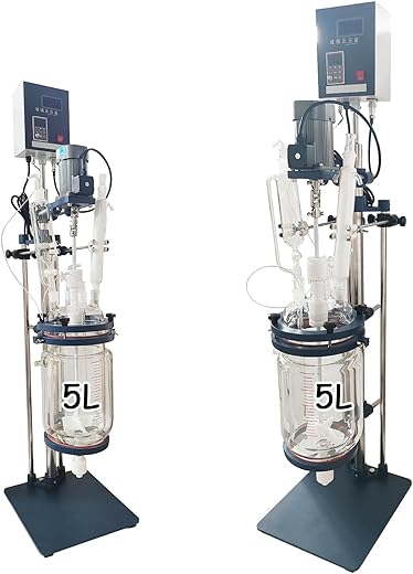 Glass Reactor 5L Double-Layer Glass Chemical Reactor Reaction Vessel Chemical lab Jacketed Glass Reactor Vessel with Digital Display Vessel Jacketed Laboratory Bioreactor 220V 0-600RPM