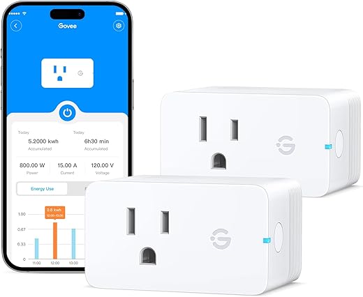 Govee Smart Plug with Energy Monitoring, WiFi Bluetooth Plug Work with Alexa and Google Assistant, 15A Smart Outlets with Timer & Group Controller, No Hub Required, ETL&FCC Certified for Home, 2 Pack