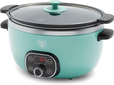 GreenLife 6QT Slow Cooker, Non-Toxic PFAS-Free Ceramic Nonstick Removable Interior Bowl, Programmable, Keep Warm, Stovetop & Oven Safe, Dishwasher Safe Parts, Timer, Glass Lid, Turquoise