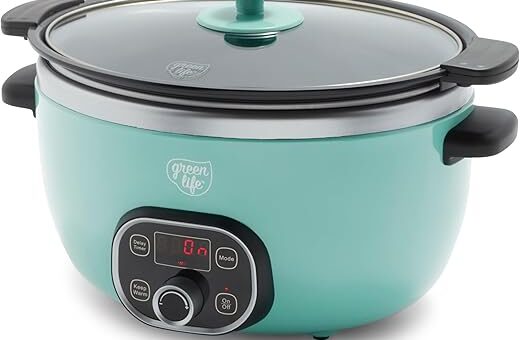 GreenLife 6QT Slow Cooker, Non-Toxic PFAS-Free Ceramic Nonstick Removable Interior Bowl, Programmable, Keep Warm, Stovetop & Oven Safe, Dishwasher Safe Parts, Timer, Glass Lid, Turquoise