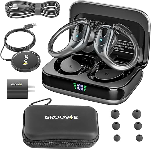 Groove Electronics 4-in-1 Wireless Earbuds with Charging Case - 80 Hours Playtime Wireless Headphones Bluetooth 5.3 - IPX7 Waterproof Noise Cancelling Earphones with LED Light Display | Charging Pad