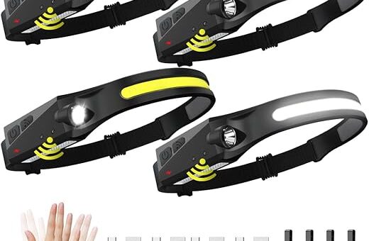 Headlamp Rechargeable 4Pack, LED Headlamp with Motion Sensor, 5Mode Headlamps for Adults, 230° COB Wide Beam Headlight, Bright Head Flashlight for Camping Accessories Gear, Hiking, Fishing, Running