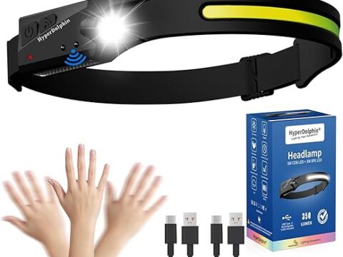 Headlamp Rechargeable, LED Waterproof Headlight for Adults, 230° Headband Light Forehead, Motion Sensor, USB Head lamp Band, 350 Lumen Super Bright, 5 Modes, Comfortable for Running,Fishing,Hiking